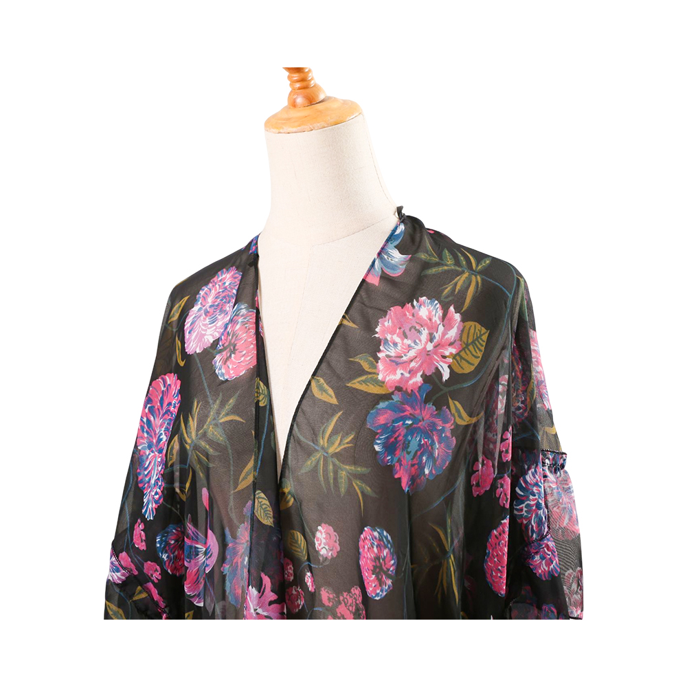 Dame blomsterprint pufærmer chiffon kimono cardigan løs overdækket afslappet bluse toppe