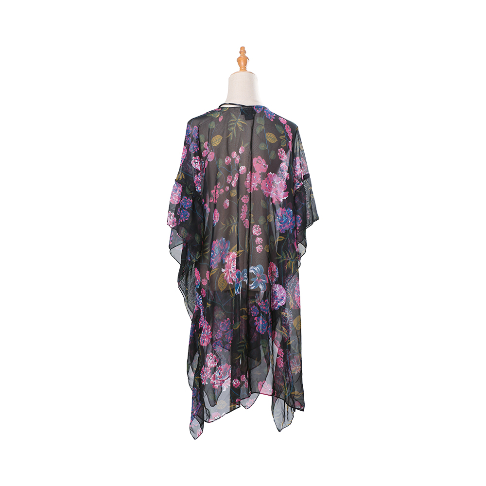 Dame blomsterprint pufærmer chiffon kimono cardigan løs overdækket afslappet bluse toppe