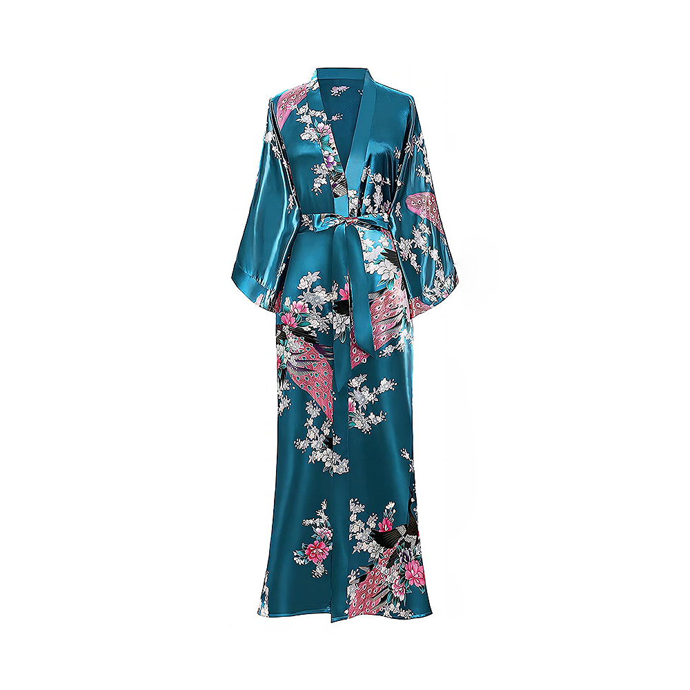 Kvinders kimono-kåbe lange kåber med kimono-natkjole med påfugl og blomsterprint